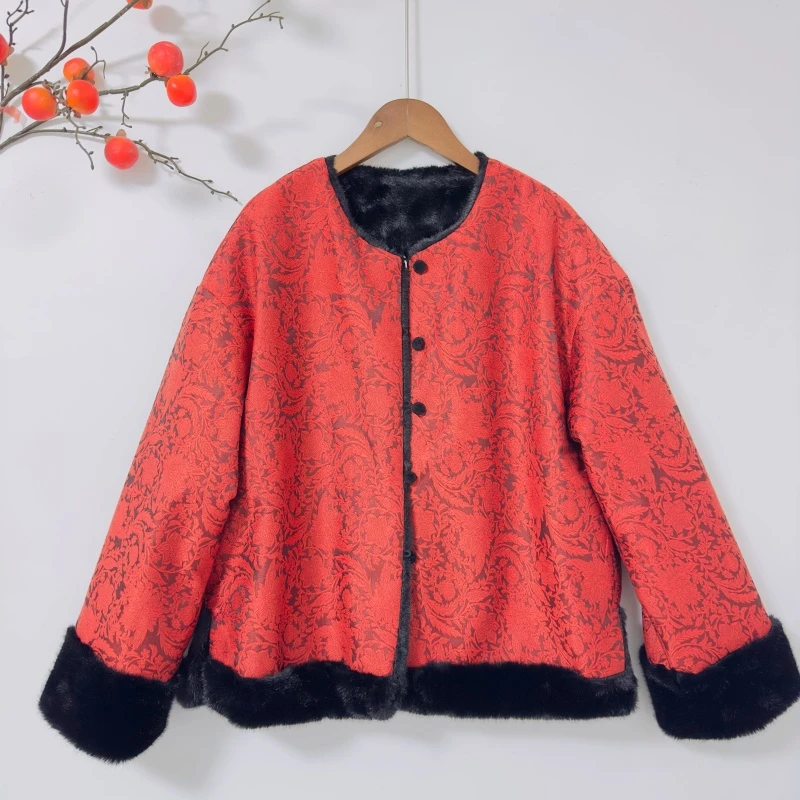 新中式冬季国风上衣双面穿毛毛宽松显瘦保暖上衣外套女洋气新年红