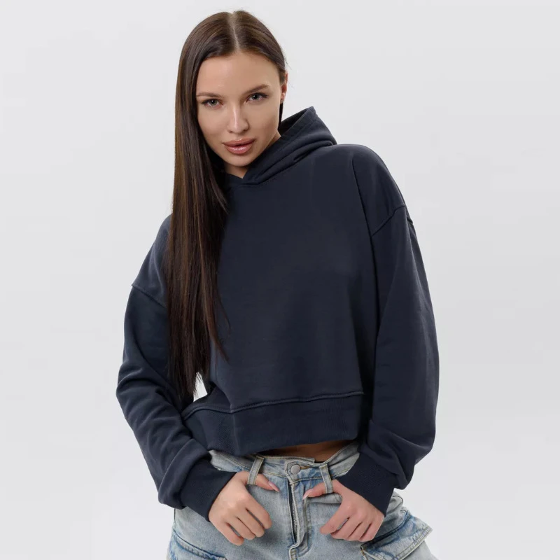 欧美短款连帽卫衣女休闲宽松400g重磅秋冬水洗做旧复古纯色卫衣
