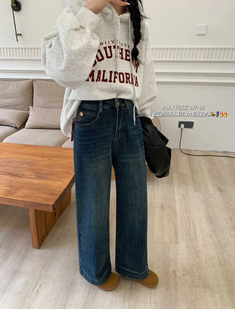 FY赴约高品韩系加厚德绒弹力直筒牛仔裤