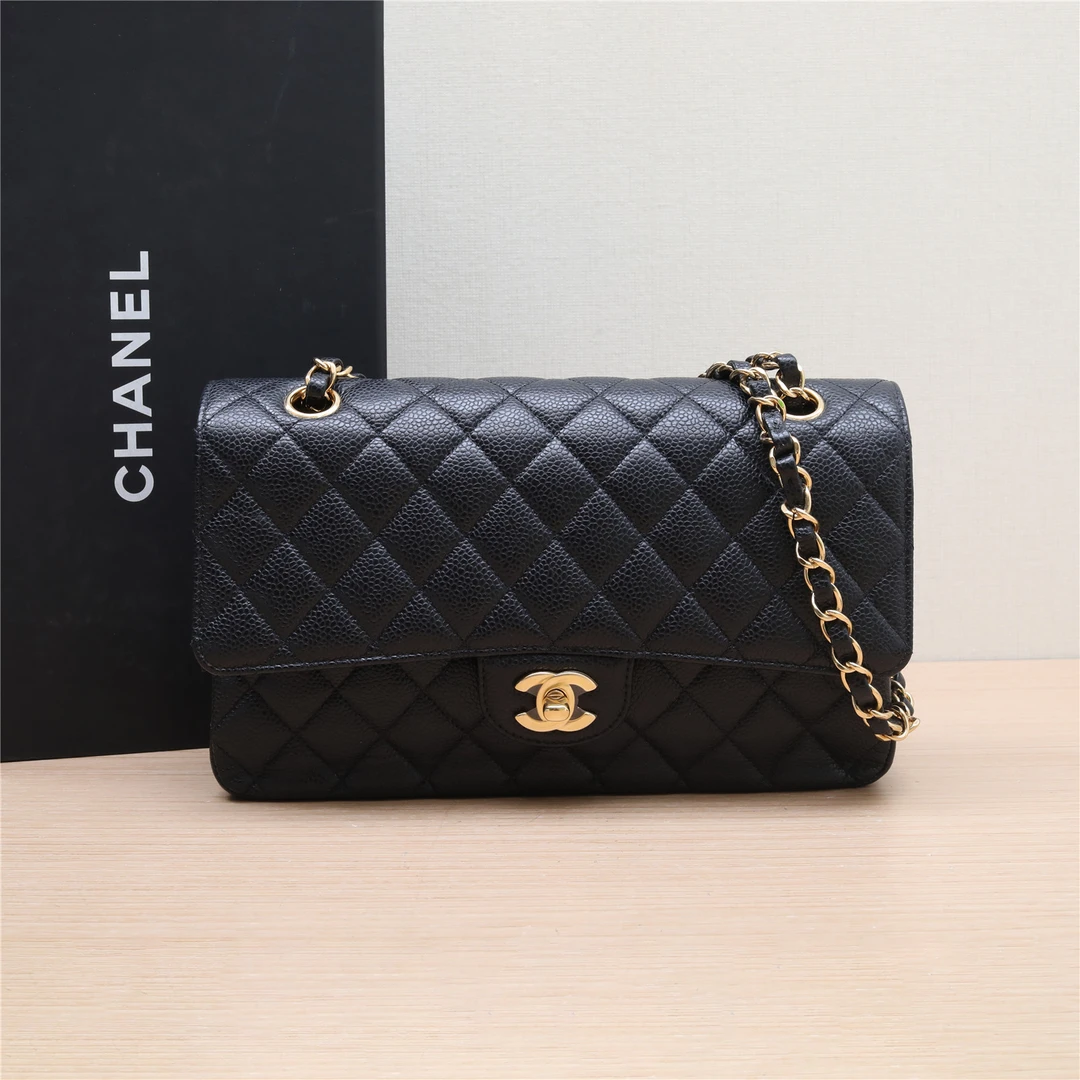 95新 Chanel/香奈儿 【双攀】CF口盖包 中号 黑金 芯片开 皮革