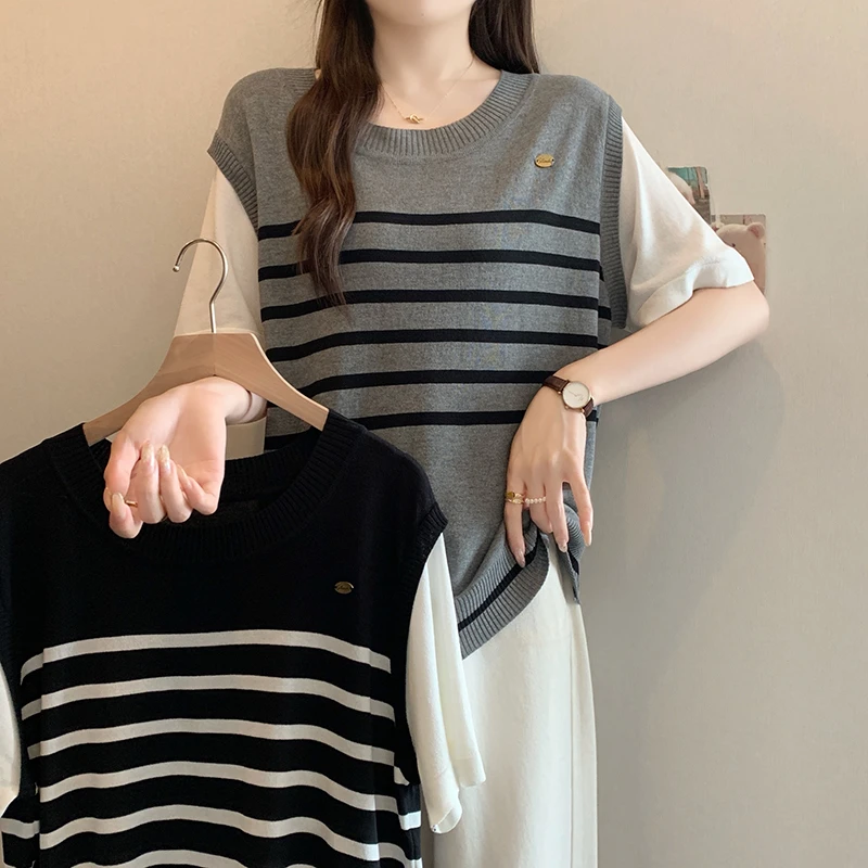 3884大码夏装新款宽松假两件针织上衣微胖mm百搭藏肉显瘦冰丝短袖