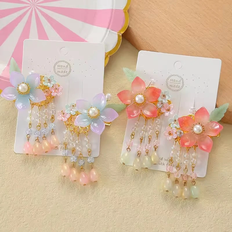 古风对夹头饰女儿童汉服头花发夹女童公主中国风流苏步摇花朵发饰