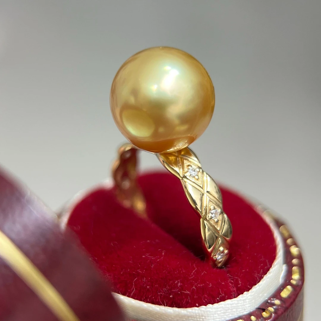 纯天然南洋金珠海水珍珠戒指18K金真金真钻珍珠小香风时尚香奶奶