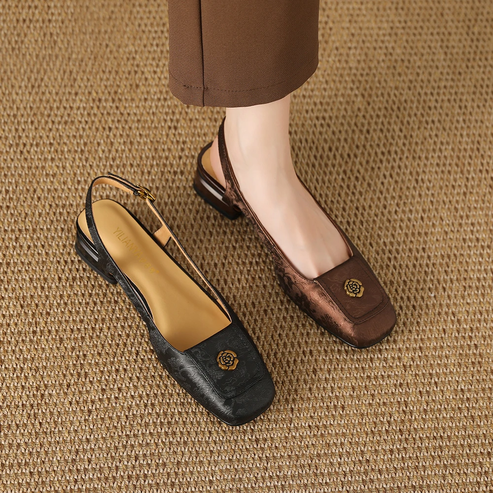 977-8包头凉鞋女2024春夏季新款粗跟浅口真皮女鞋低跟方头镂空