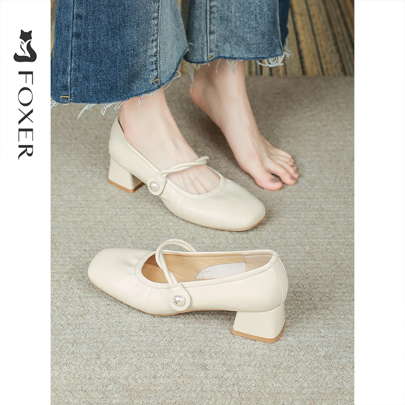 FOXER法式浅口玛丽珍鞋女款春夏百搭通勤粗跟单鞋不累脚气质女鞋