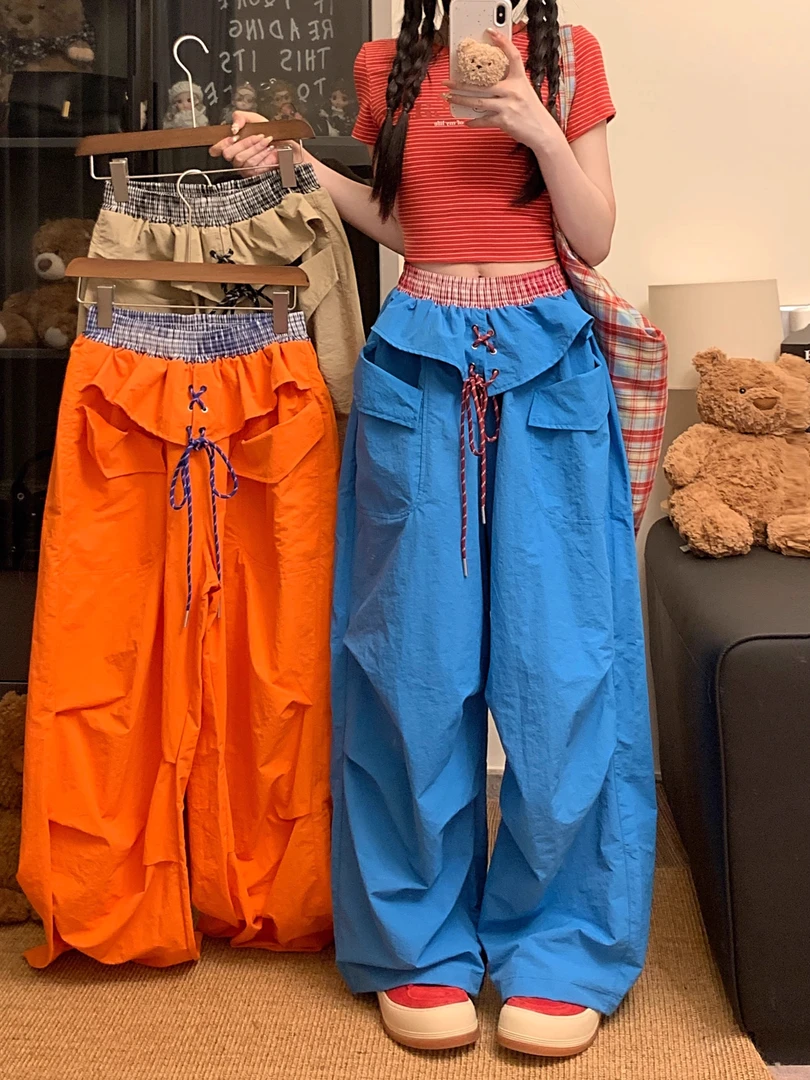 美式复古抽绳撞色褶皱工装裤女伞兵裤防晒爵士舞多巴胺弯刀阔腿裤
