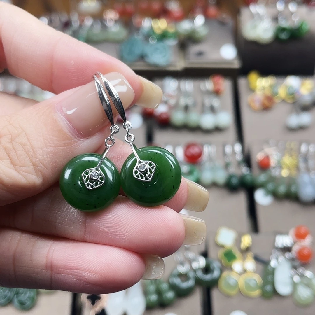 和田玉银S925镶嵌耳饰