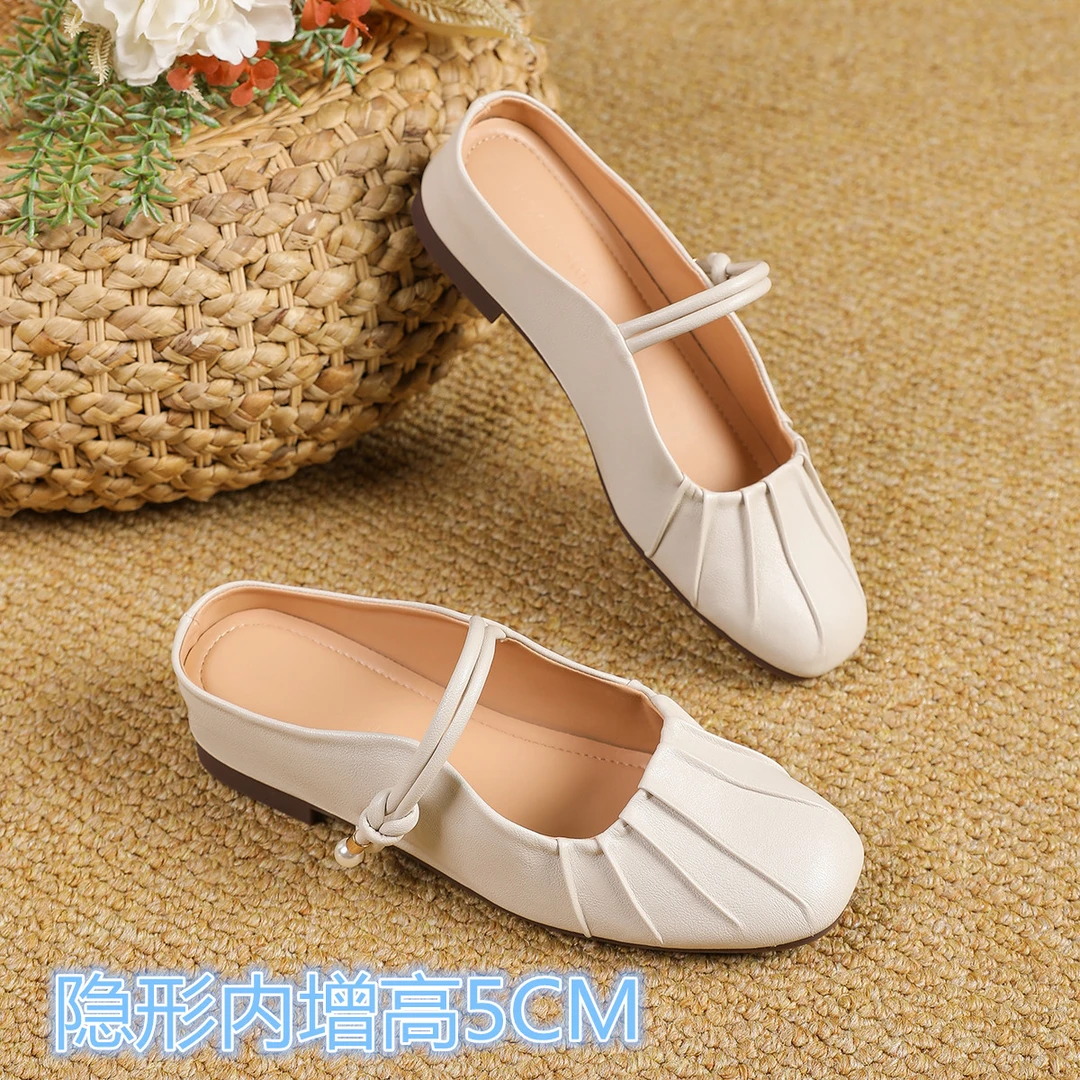 中跟包头法式纯色仙女风包头拖圆头时尚平底复古夏季温柔半拖鞋