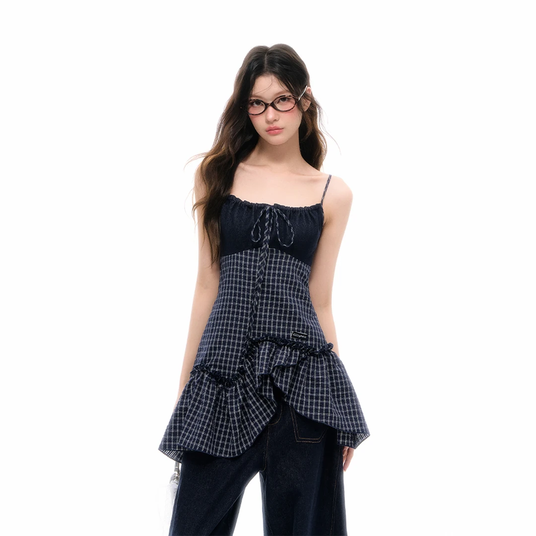 CyNi 设计感小众荷叶边格纹吊带背心不规则牛仔拼接吊带裙夏女