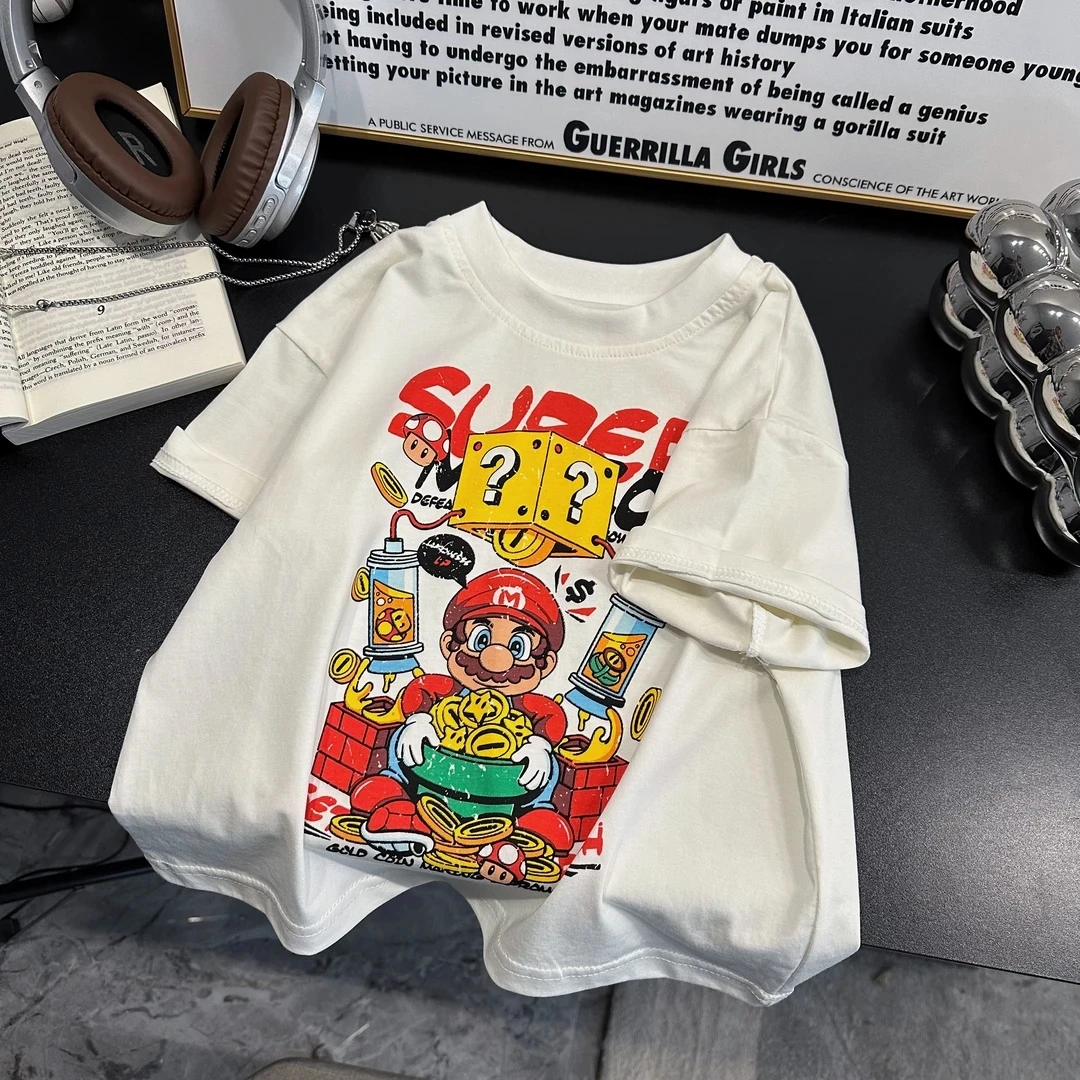 马里奥男女童2025新款爆款夏季纯棉正肩短袖宽松设计感美式半袖上