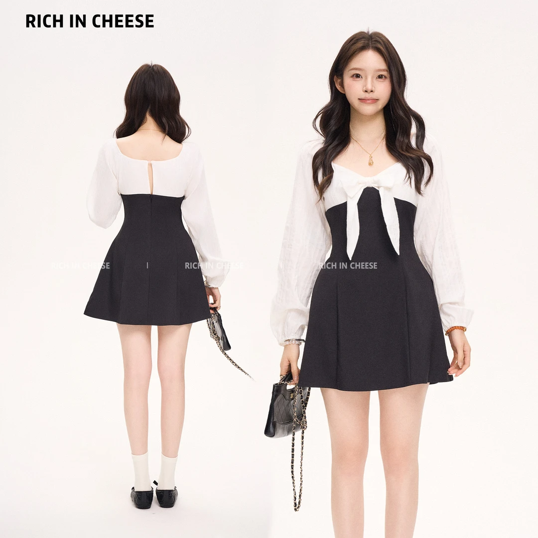 金川川 夜幕天鹅 【少量现货】撞色赫本风高级拼接蝴蝶结收腰连衣裙