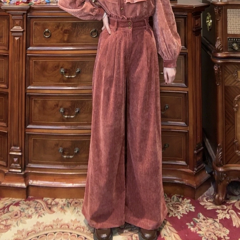 专场现【一生罗曼】秋冬加绒加厚高级感木耳边阔腿长裤K465