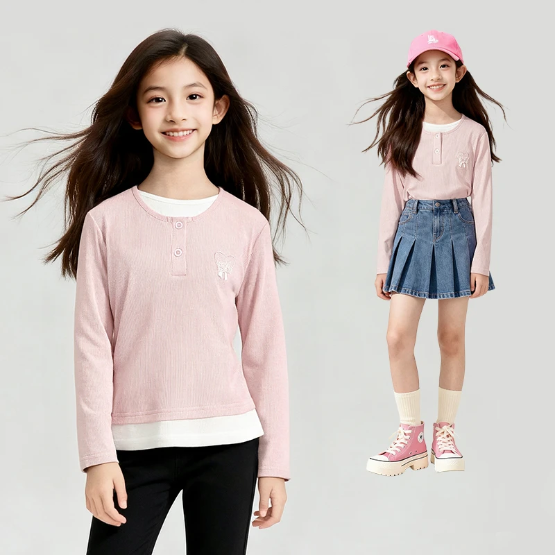 笛莎女童假两件长袖T恤儿童上衣春秋季新款圆领打底衫-7M2530602