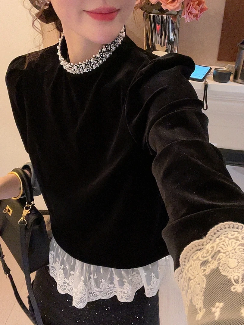 老赵服饰 法式蕾丝拼接珠珠领丝绒衬衫上衣 21AU3119