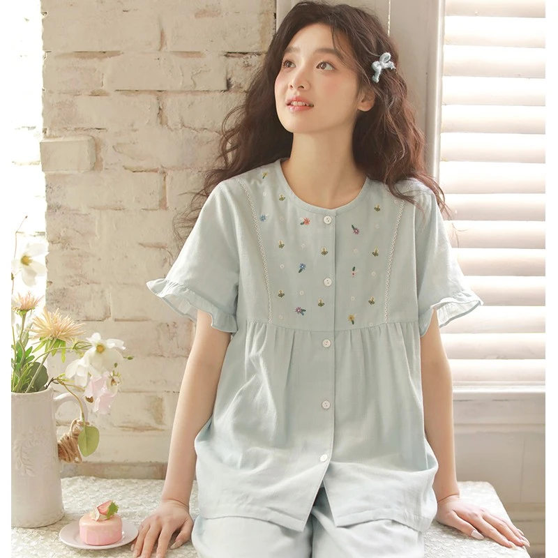 睡衣女款爆款2025新款夏季短袖长裤套装高档纯棉女士可外穿家居服