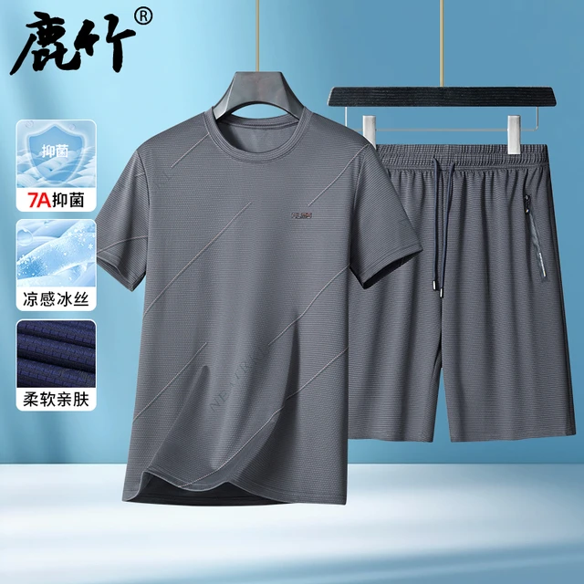 爸爸夏装新款套装中年男士冰丝短袖t恤两件套中老年男装夏季衣服