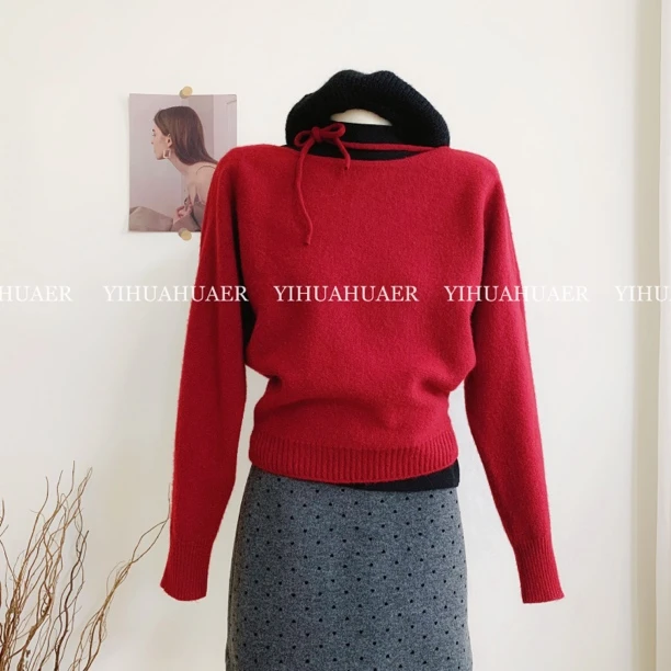 B东大门韩国原单韩版时尚洋气软糯气质肩部系带纯色毛衣2119