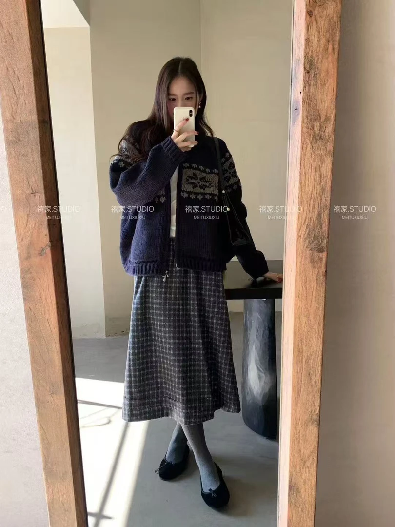 高品质原版韩系费尔岛翻领针织毛衣格雷系雪花稳稳的上衣复古