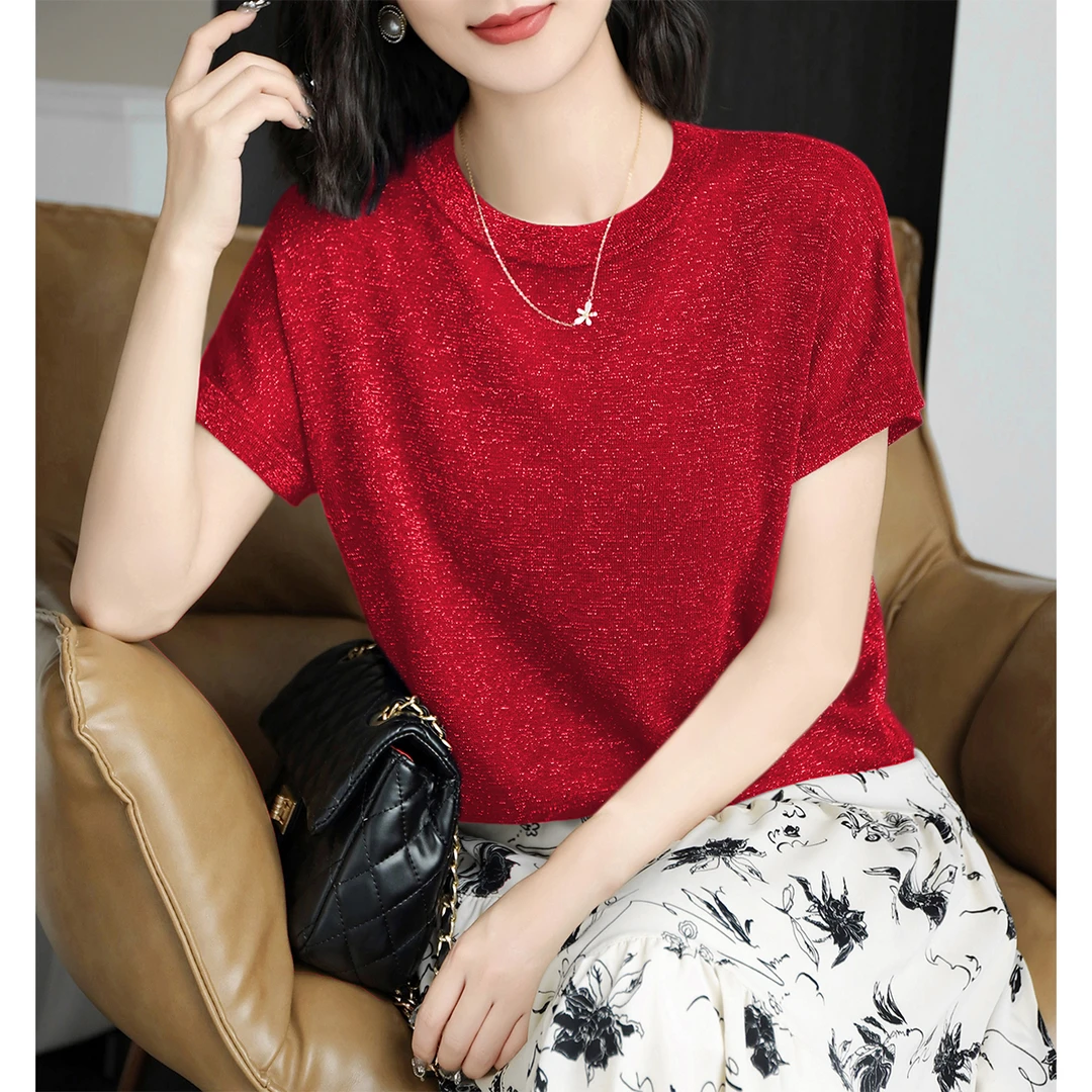 高级红色大气圆领宽松显瘦小飞袖t恤针织衫女装夏季百搭薄款上衣