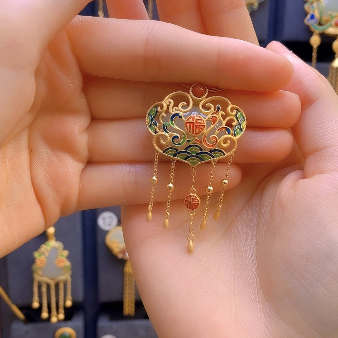 和田玉颈饰银S925镀金镶嵌