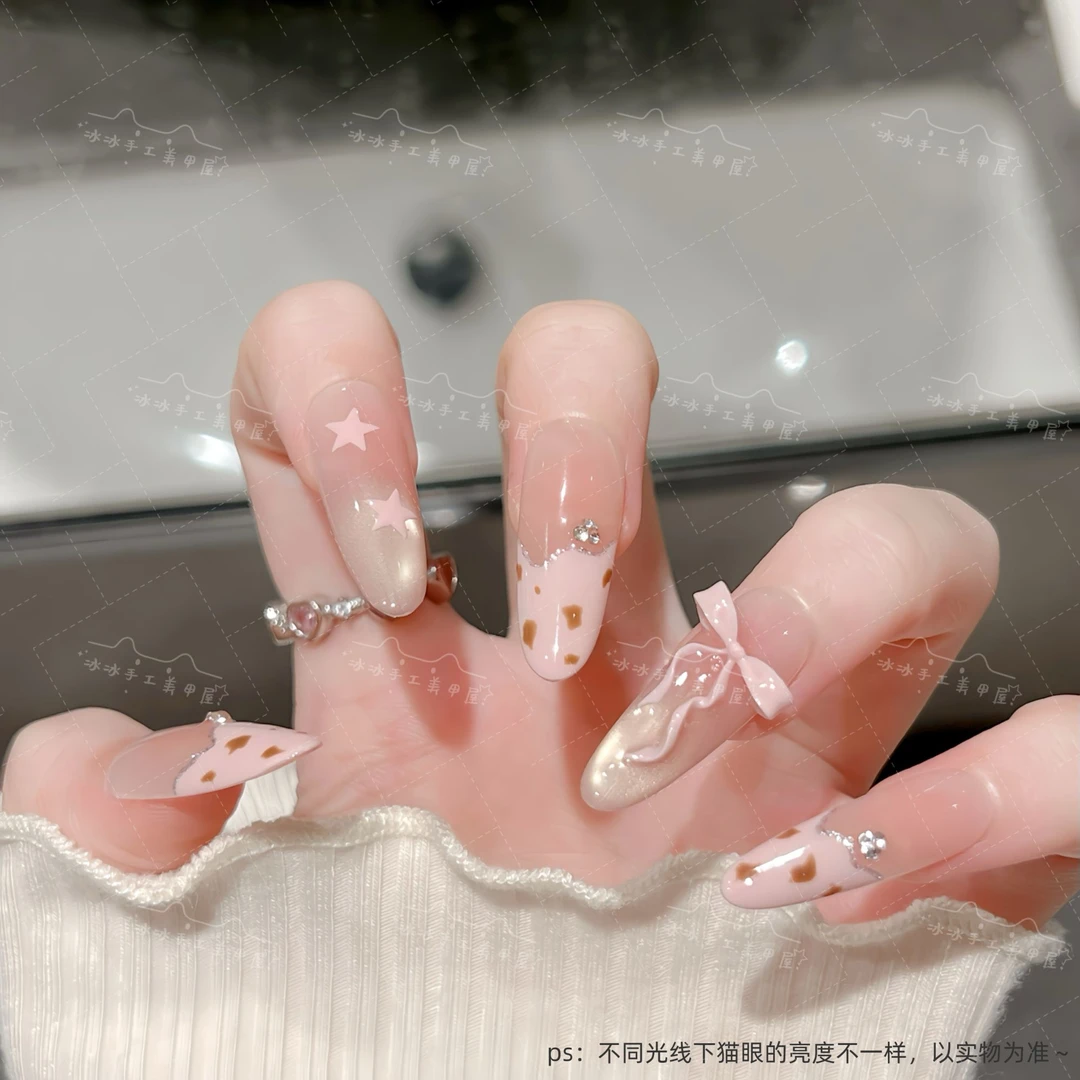 【奶油小豹】夏日甜美豹纹蝴蝶结星星显白法式手工穿戴甲