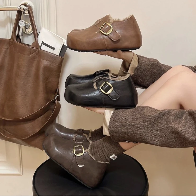 厚底加绒勃肯鞋包头韩版简风秋冬英伦风舒适百搭时尚皮面勃肯鞋G