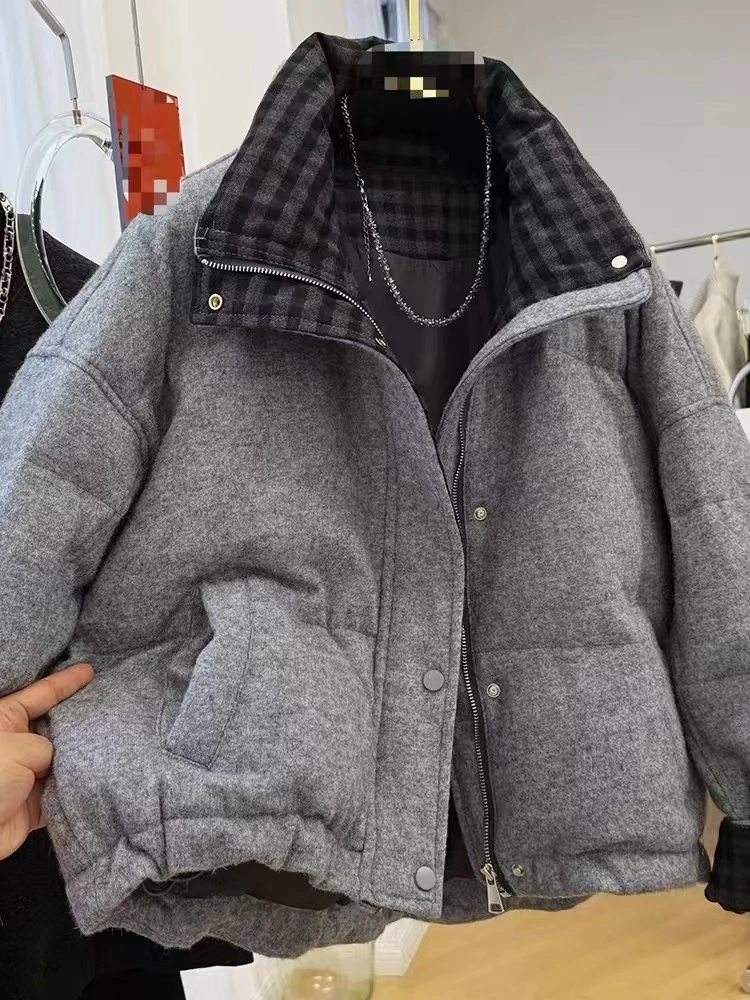 拼格子立领羽绒服外套女冬季小个子2024新款加厚保暖白鸭绒羽绒衣