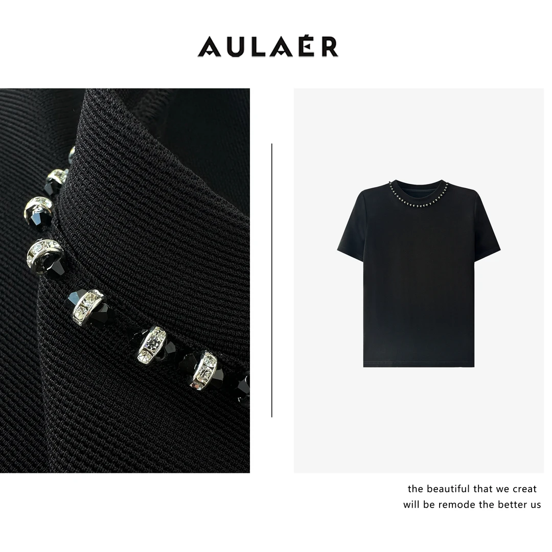 AULAER/澳拉尔【吕小男专属】重工钉珠轻奢醋酸莫代尔T恤ALE15510