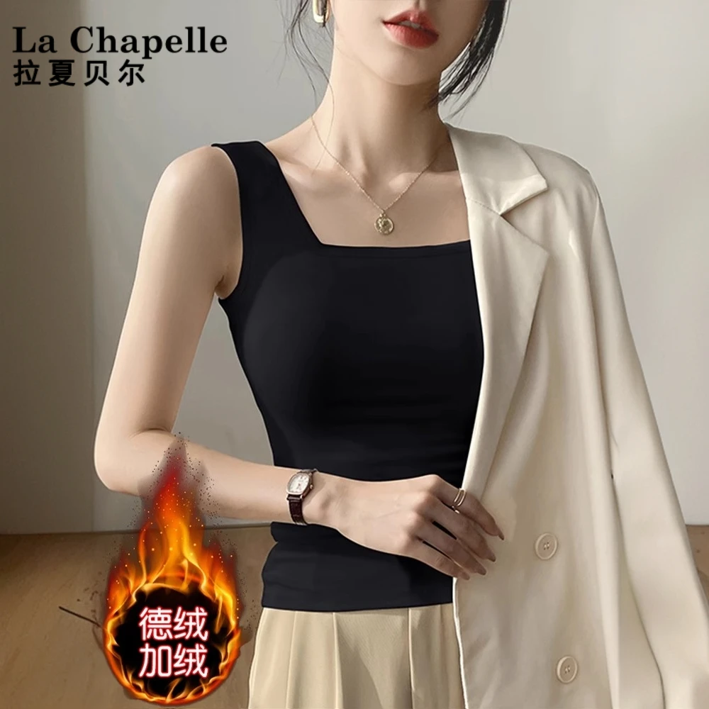 黑色加绒吊带背心女内搭带胸垫加厚保暖小西装打底方领收腰上衣