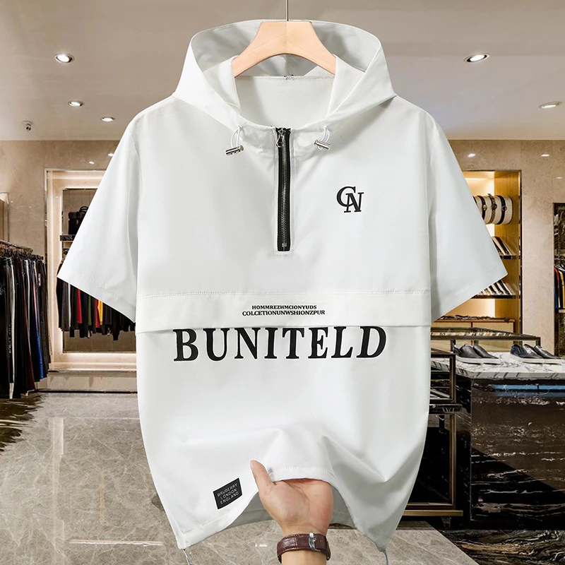 潮牌大码男士休闲t恤夏季连帽时尚半袖印花薄款ins宽松显瘦胖短袖