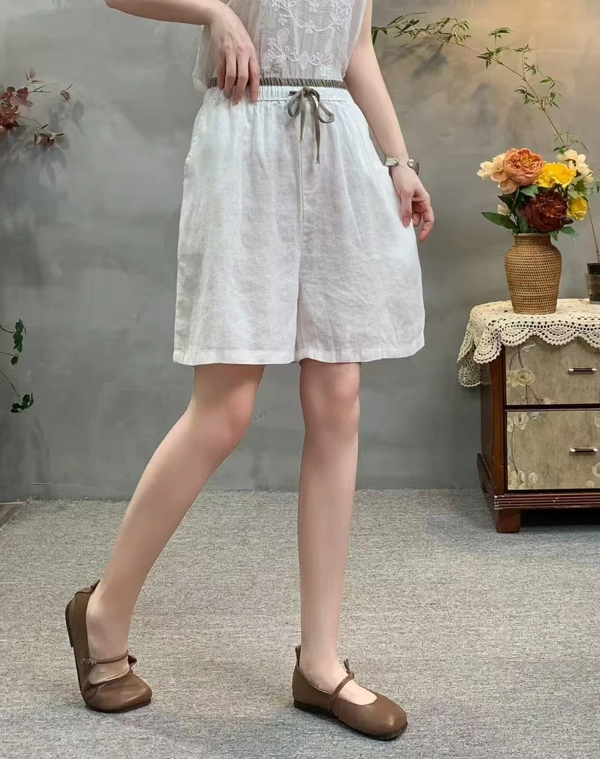 2532新款腰头撞色亚麻短裤（裤长46左右）