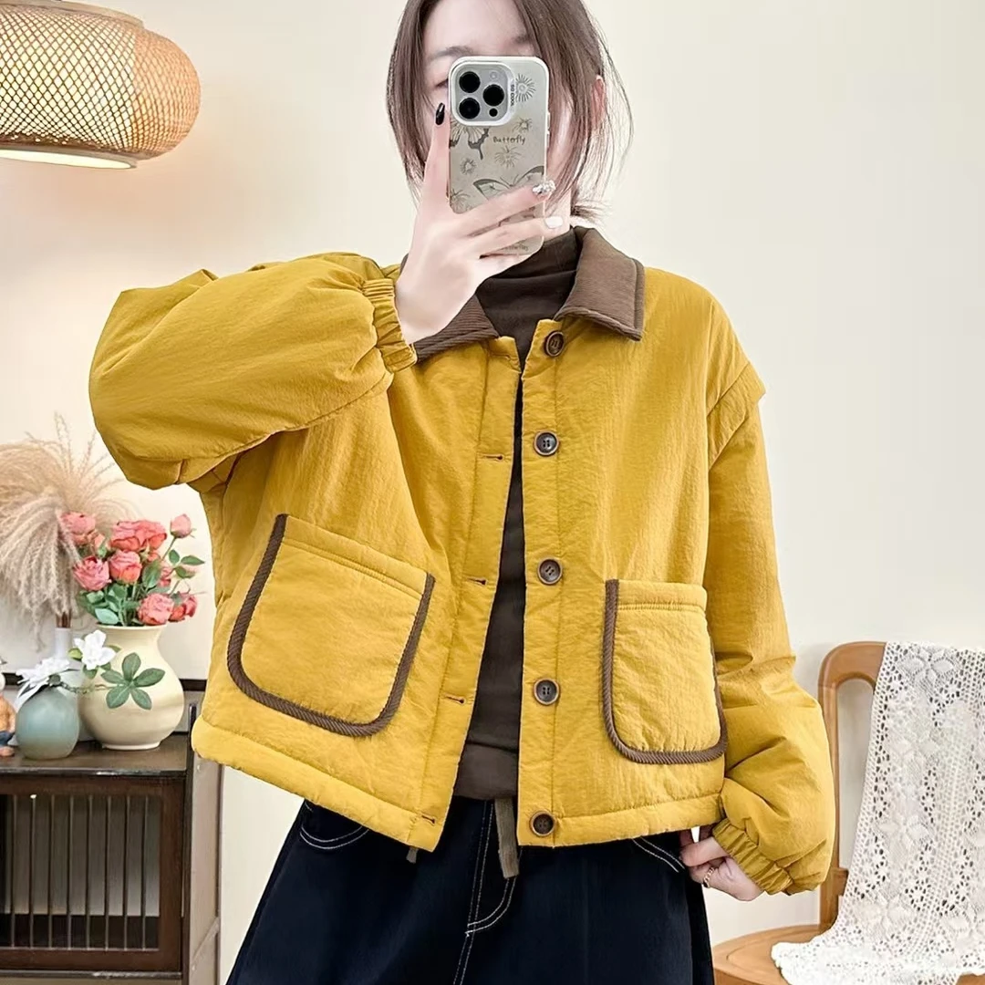 2025新款灯芯绒拼接外套冬季夹棉加厚保暖棉服上衣女