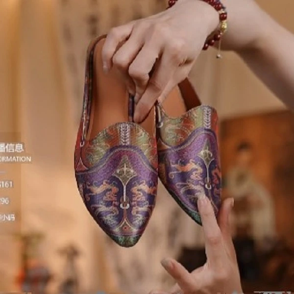 深圳高定头羊牛皮拼宋锦包头半拖鞋A-HZY-XYS-2813-5