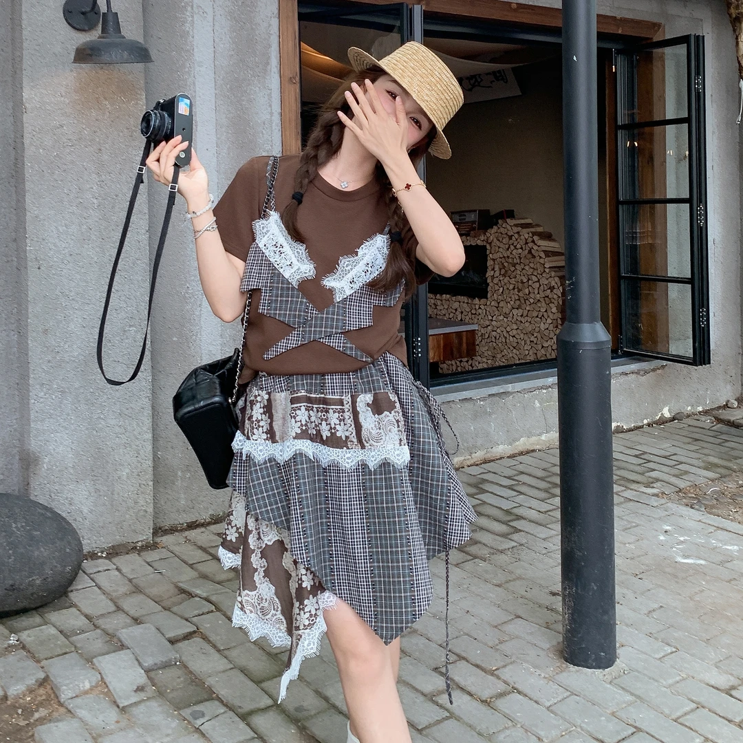 夏日独特绝美套装裙格子不规则半身短裙贴布T恤小个子两件套2025