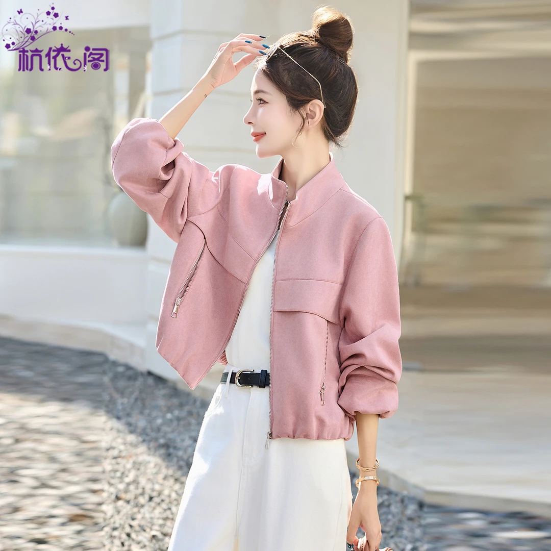 立领短款外套女秋2025新款小个子韩系休闲百搭复古麂皮绒夹克上衣
