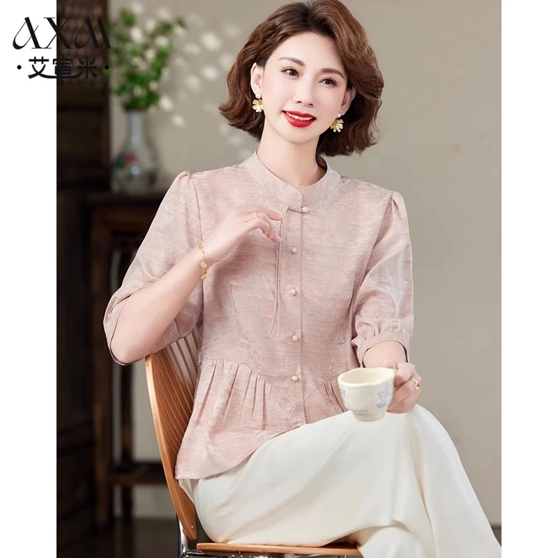 新中式妈妈装端庄大气雪纺小衫夏季气质衬衫中老年女夏上衣两件套