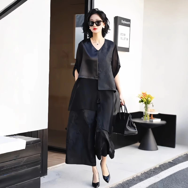 夏新款大码国风高级提花拼接上衣宽松阔腿裤气质年轻妈妈两件套装