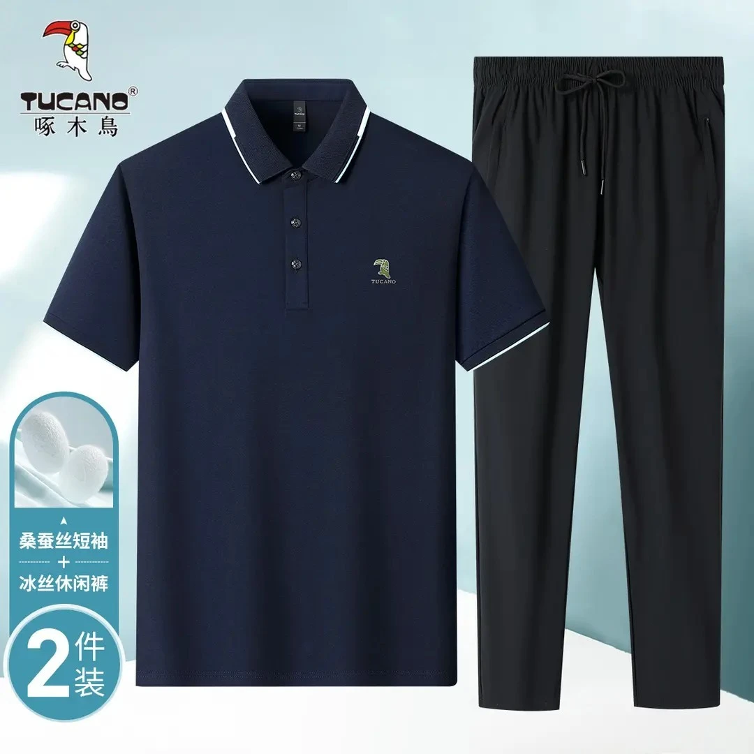 【桑蚕丝冰丝套装】啄木鸟透气亲肤速干polo衫男士时尚休闲百搭套装
