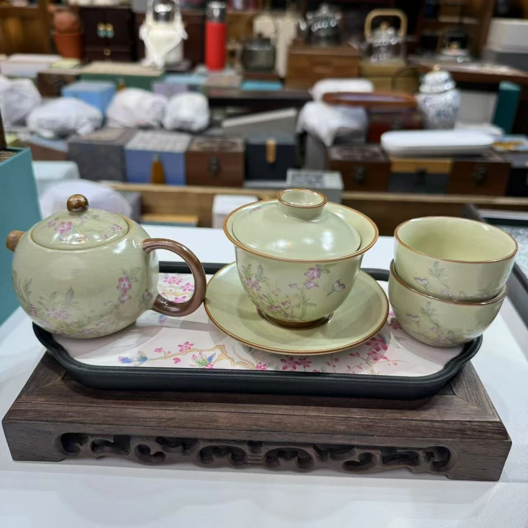 米黄汝窑桃花茶壶盖碗套组  MC053