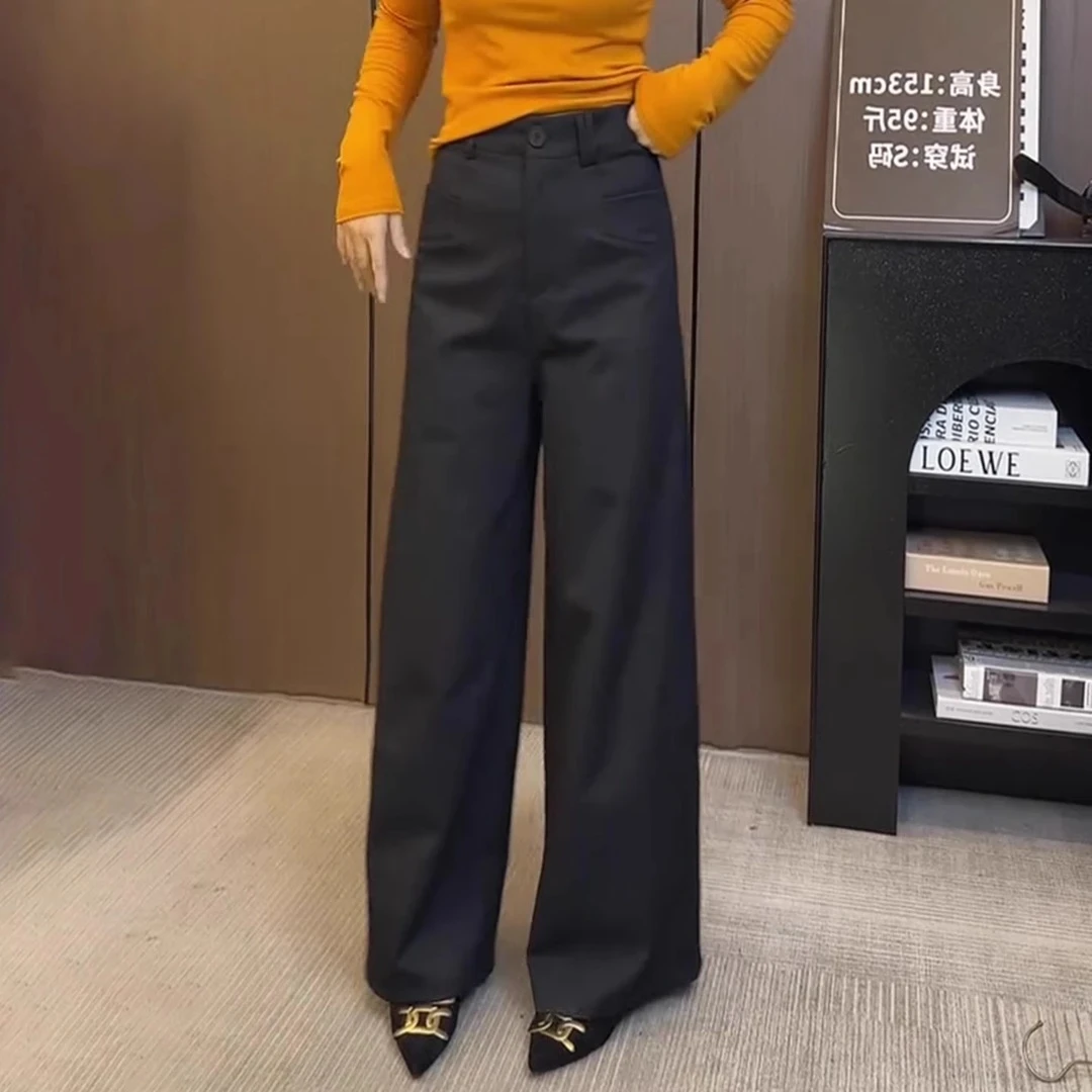 2025新款秋季大码复古宽松显瘦百搭垂感直筒阔腿通勤黑色休闲裤子