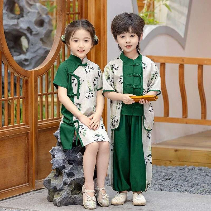 戴维【商场同款】儿童汉服夏装男童中国风古装表演熊猫唐装女童新