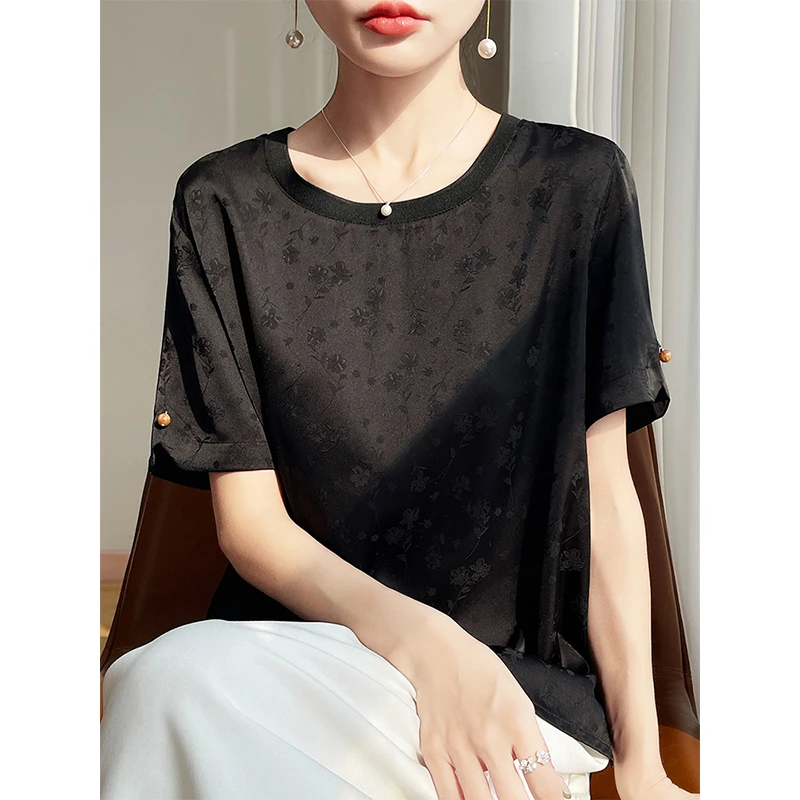 夏天穿的短袖t恤女装国潮新中式显瘦半袖气质仿真丝提花休闲上衣