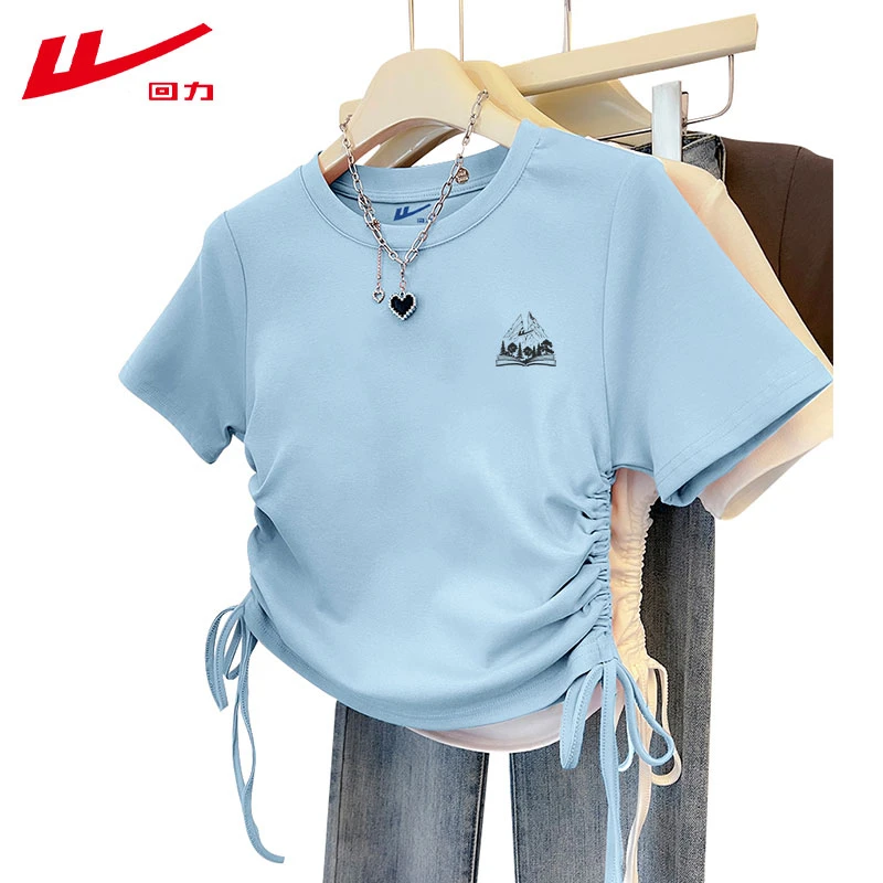 回力黑色短袖t恤女夏季圆领棉辣妹抽绳短款夏装修身正肩上衣服