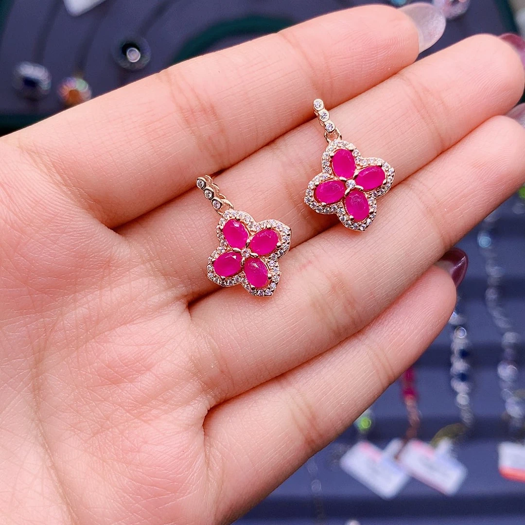 红宝石耳饰银S925镶嵌