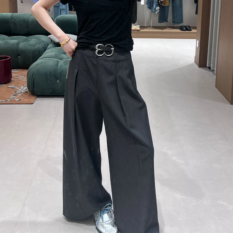 AVVENN2025夏季设计师新品带皮带休闲长裤带褶裤子