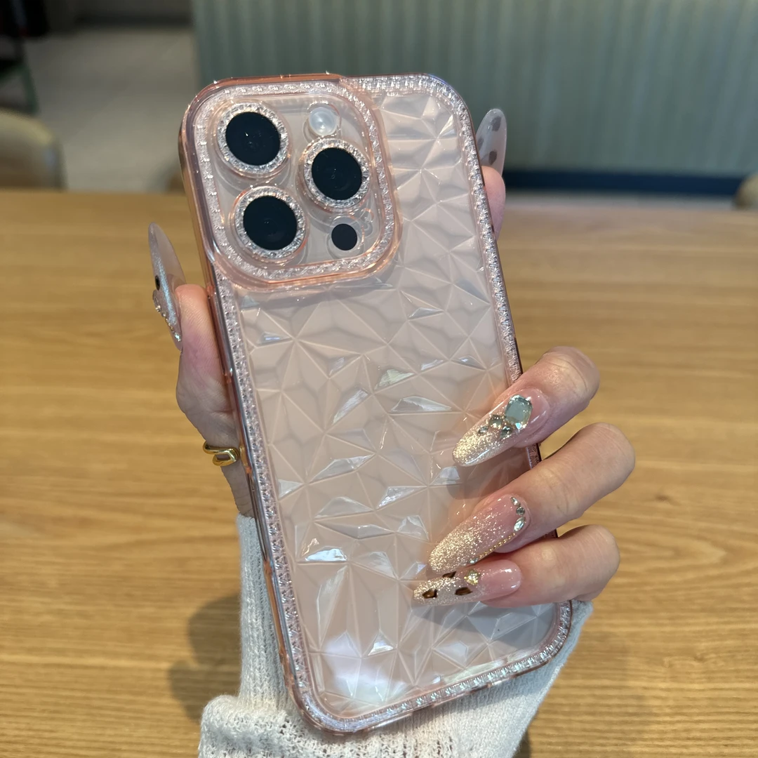 透明钻石纹壳适用苹果16Promax手机壳全包iPhone15时尚14高级13软
