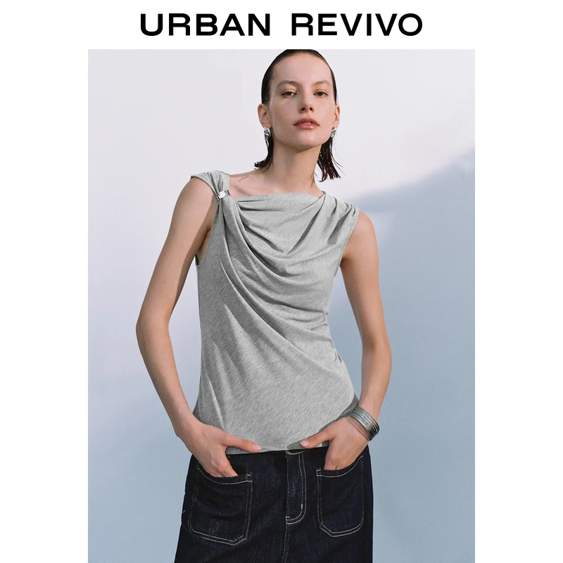 UR2025秋季新款女装气质金属扣饰不规则褶皱T恤UWG450181