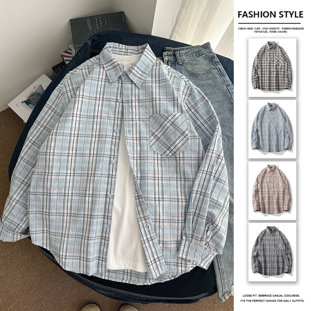 潮牌流苏蓝色格子防晒衬衫外穿长袖衬衣春夏休闲慵懒风外套男款