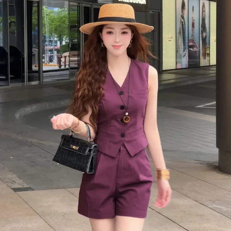 欧洲站时尚洋气套装2026年夏季新款V领无袖马甲高腰短裤两件套