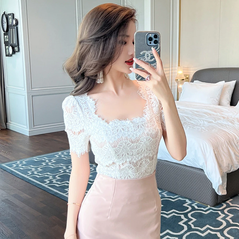 柔娜定制  法式方领修身蕾丝衫内搭打底上衣设计感短袖 20398